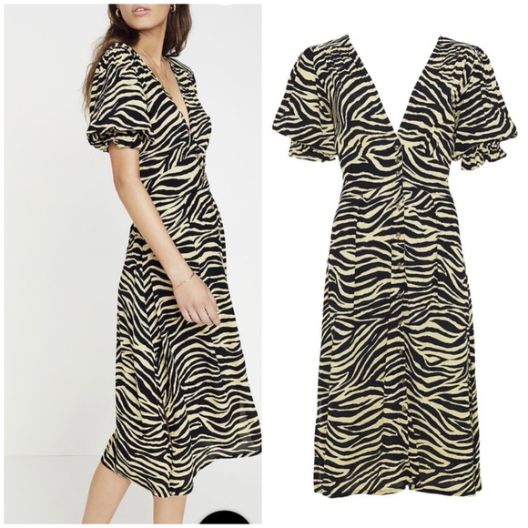 FAITHFULL THE BRAND - RAFA MIDI DRESS AMAIA ZEBRA PRINT PALE YELLOW SIZE 4 NWOT - Picture 4 of 12
